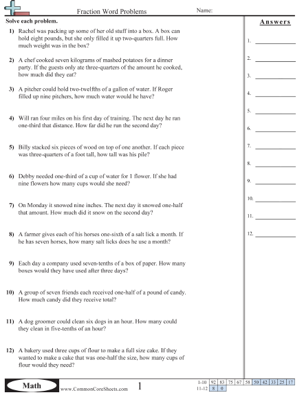 Fraction Worksheets - Multiplying Fraction by a whole (word) worksheet